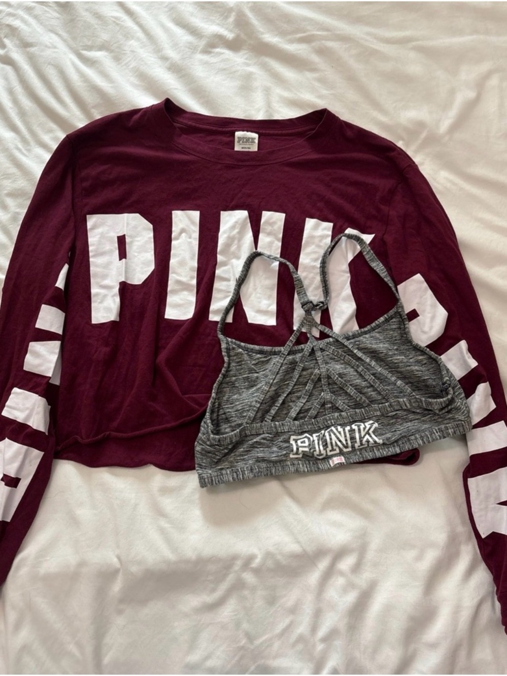 PINK Victoria's Secret Maroon Cropped Long Sleeve with Gray Bralette